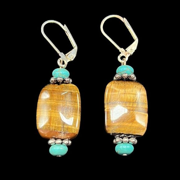 Tigers Eye Turquoise Necklace Dangle Earrings Set Silver Tone Base Metal - Picture 2 of 9